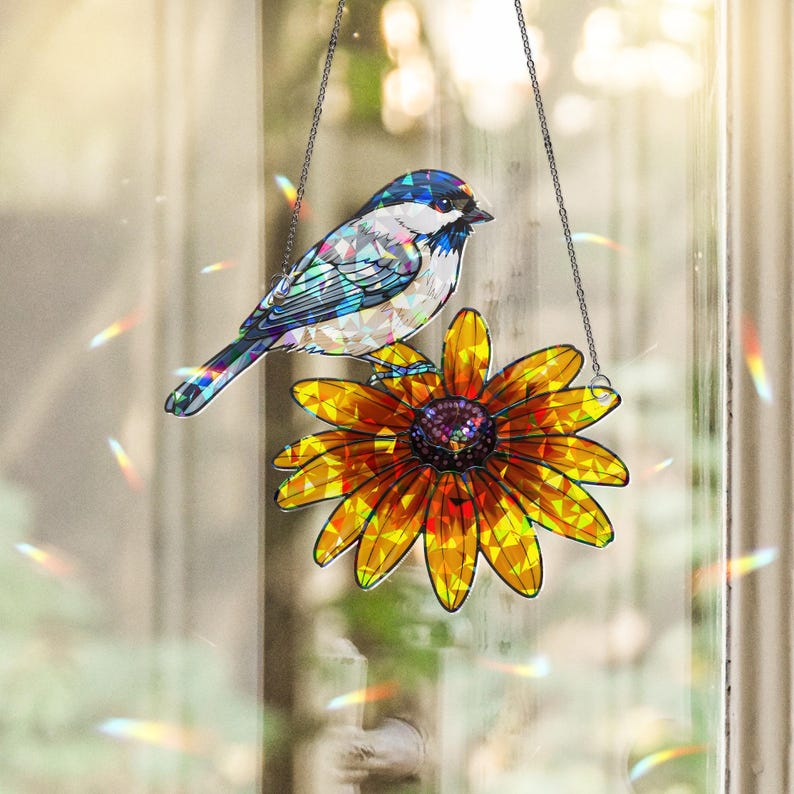 Chickadee & Black-Eyed Susan Stained Glass Suncatcher
