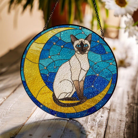 Cat On Moon Stained Glass Suncatcher