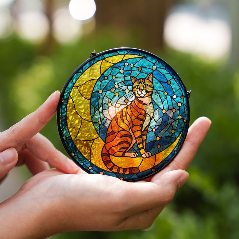 Cat On Moon Stained Glass Suncatcher