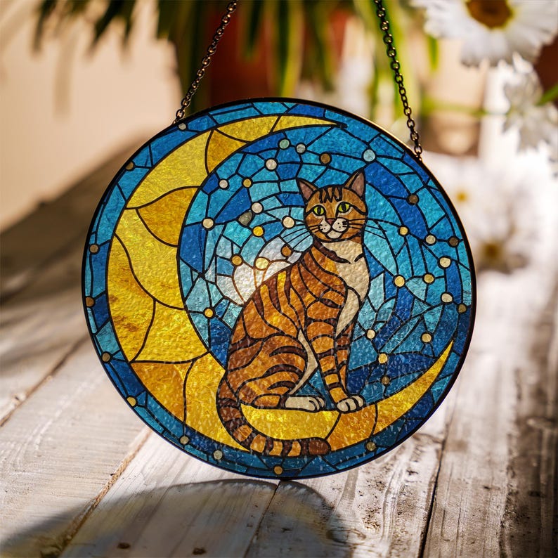 Cat On Moon Stained Glass Suncatcher