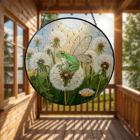 Fairy Frog And Dandelion Flower Stained Glass Suncatcher