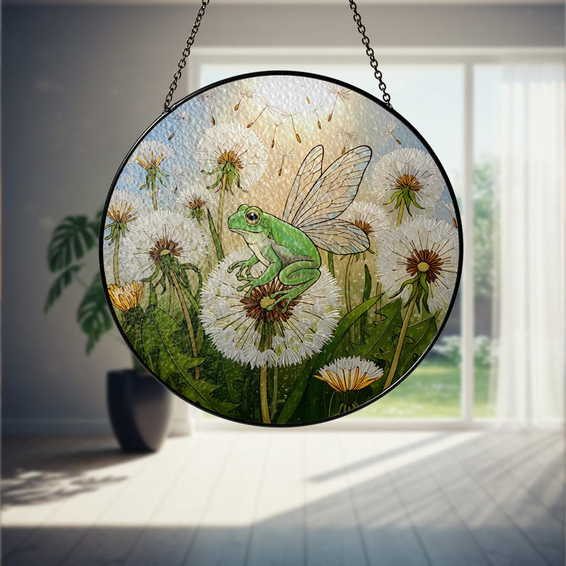 Fairy Frog And Dandelion Flower Stained Glass Suncatcher