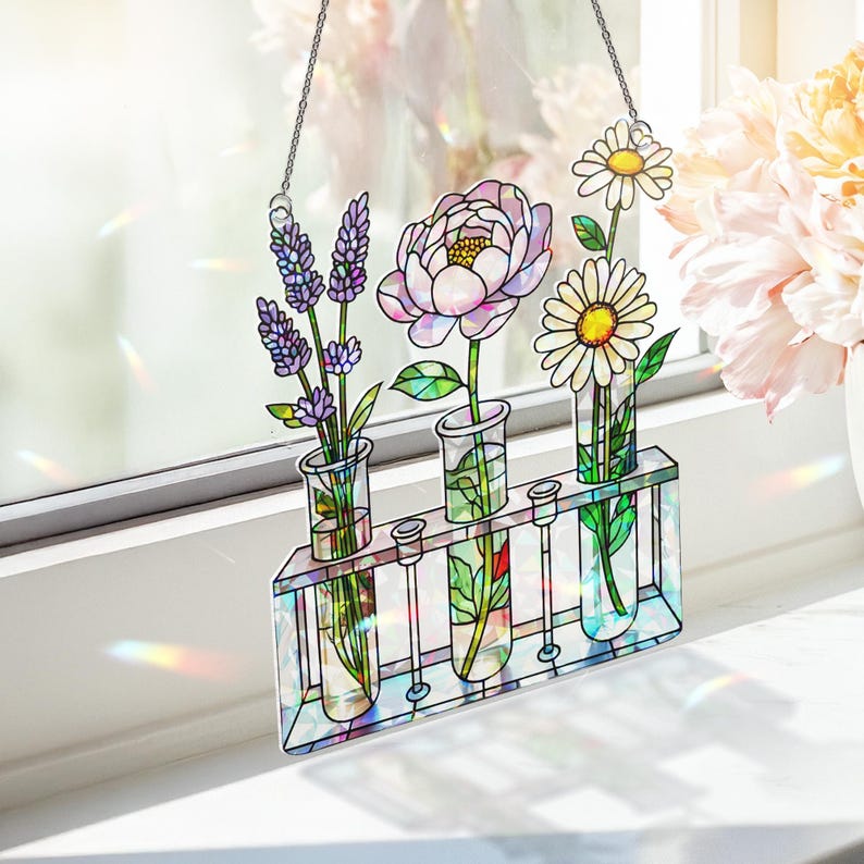 Nursing Test Tube Rack Flower Stained Glass Suncatcher