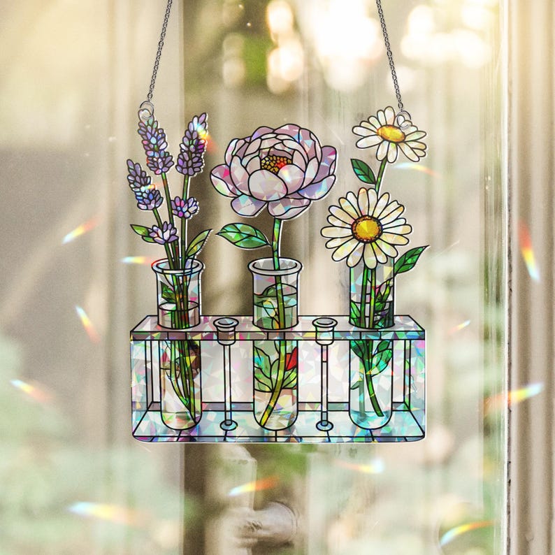 Nursing Test Tube Rack Flower Stained Glass Suncatcher