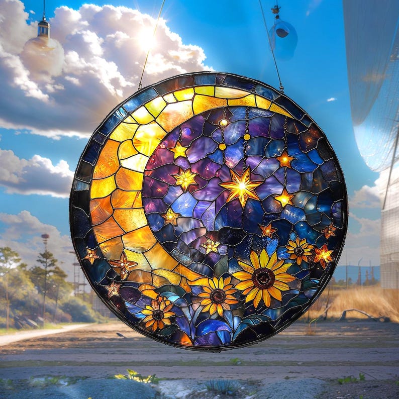 Moon and Star Stain Glass Suncatcher