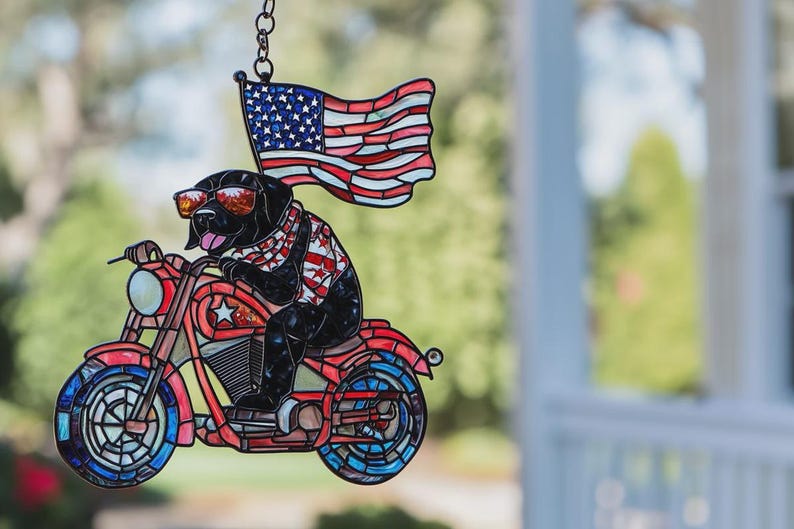 Patriotic Dog Motorcycle Stained Glass Acrylic Suncatcher
