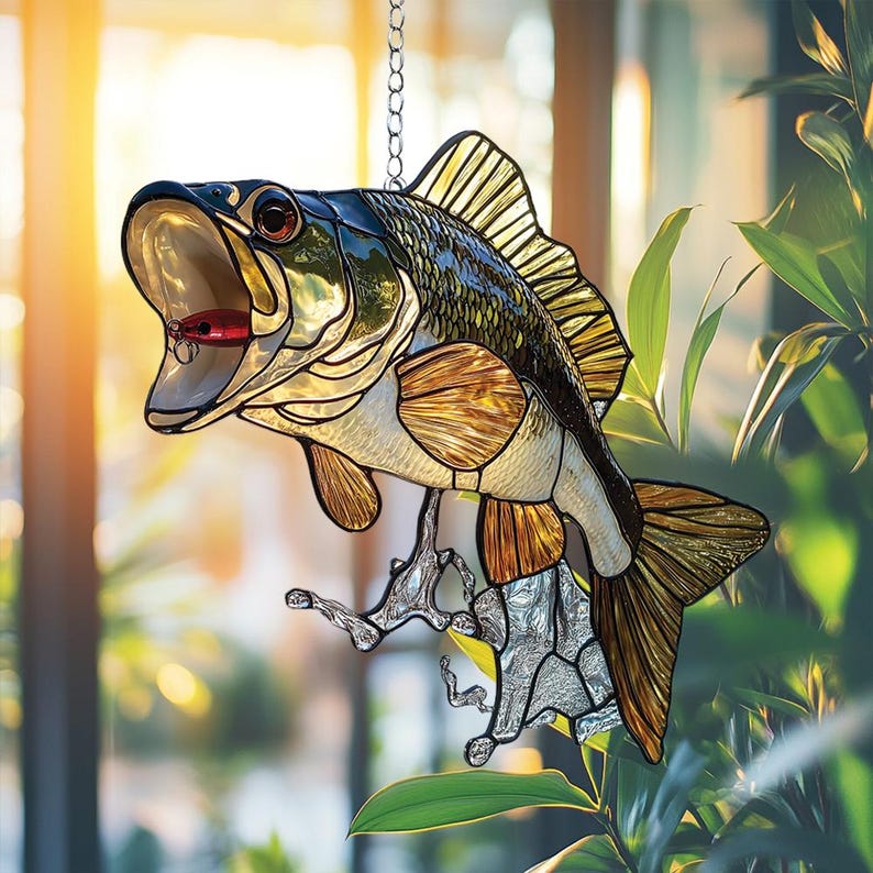 Jumping Bass Stain Glass Suncatcher