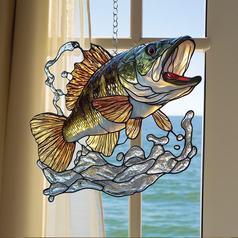 Jumping Bass Stain Glass Suncatcher