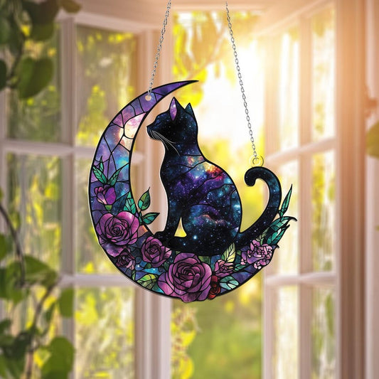 Galaxy Cat on Crescent Moon Stain Glass Suncatcher