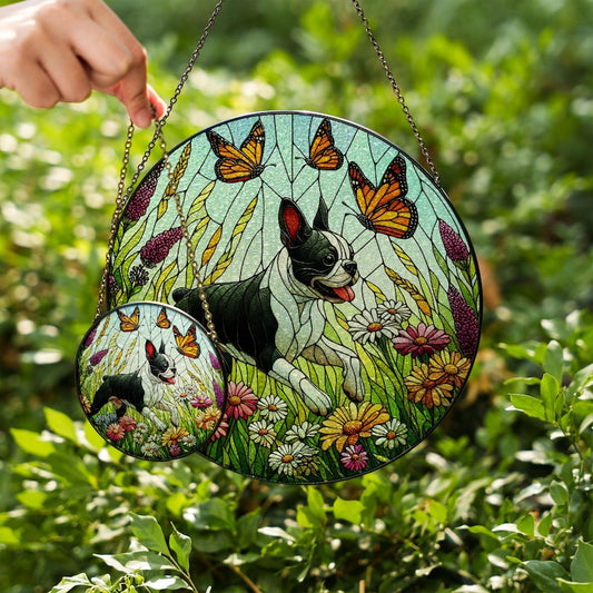 Boston Terrier And Wildflower Stained Glass Suncatcher