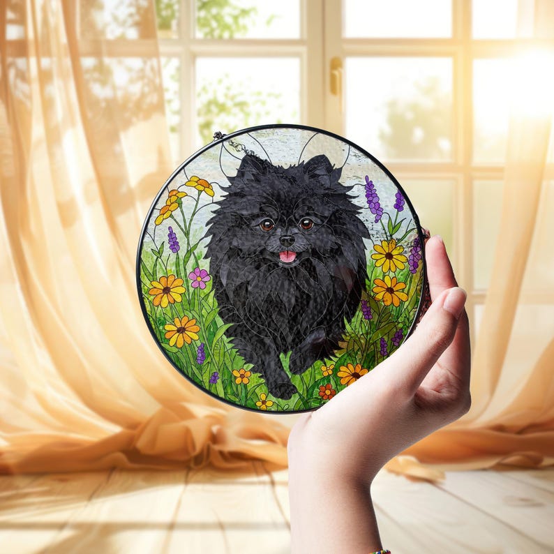 Black Pomeranian Wildflower Stained Glass Suncatcher
