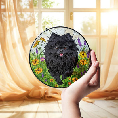 Black Pomeranian Wildflower Stained Glass Suncatcher