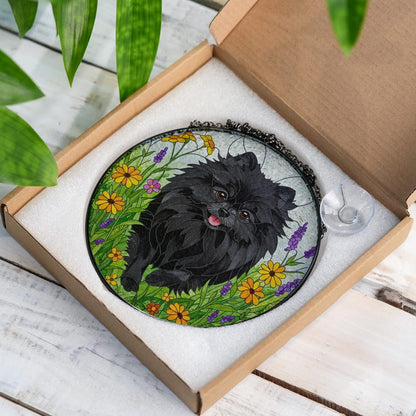 Black Pomeranian Wildflower Stained Glass Suncatcher