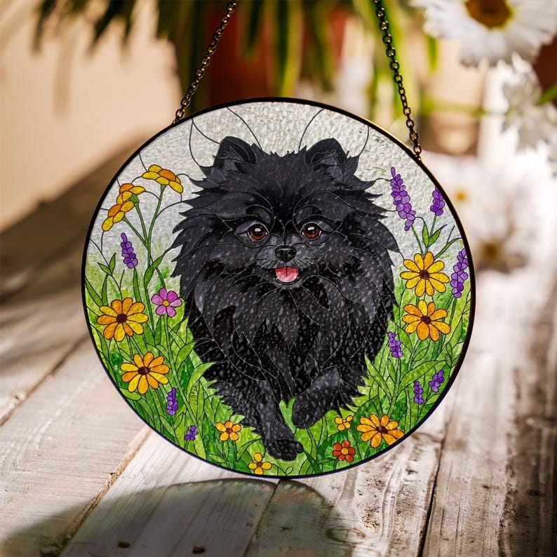 Black Pomeranian Wildflower Stained Glass Suncatcher