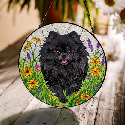 Black Pomeranian Wildflower Stained Glass Suncatcher