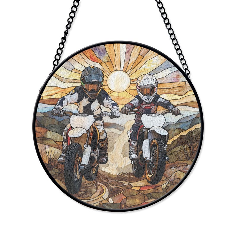 Dad And Son Dirt Bike Stained Glass Suncatcher