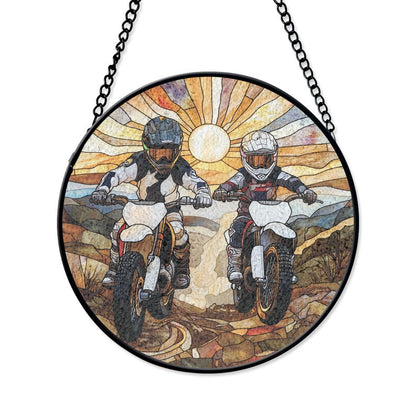Dad And Son Dirt Bike Stained Glass Suncatcher