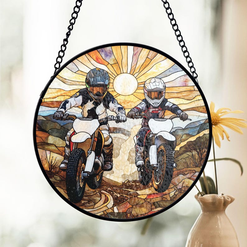 Dad And Son Dirt Bike Stained Glass Suncatcher