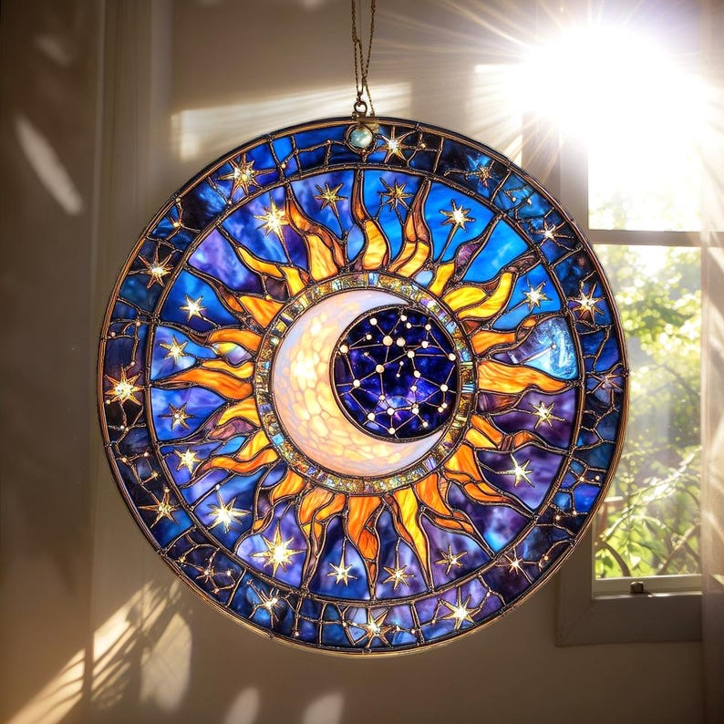 Celestial Sun Moon Stained Glass Suncatcher
