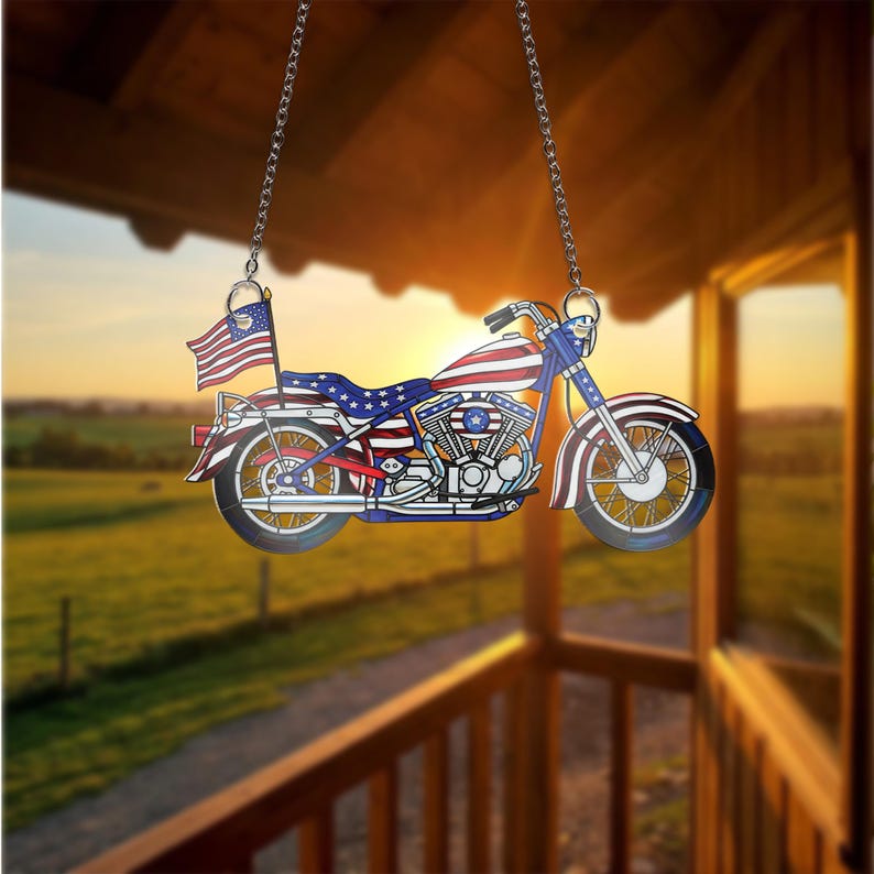 Patriotic Motorcycle Acrylic Window Hanging