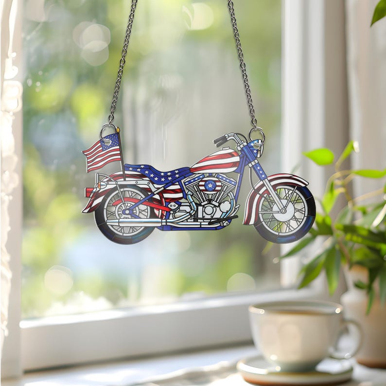 Patriotic Motorcycle Acrylic Window Hanging