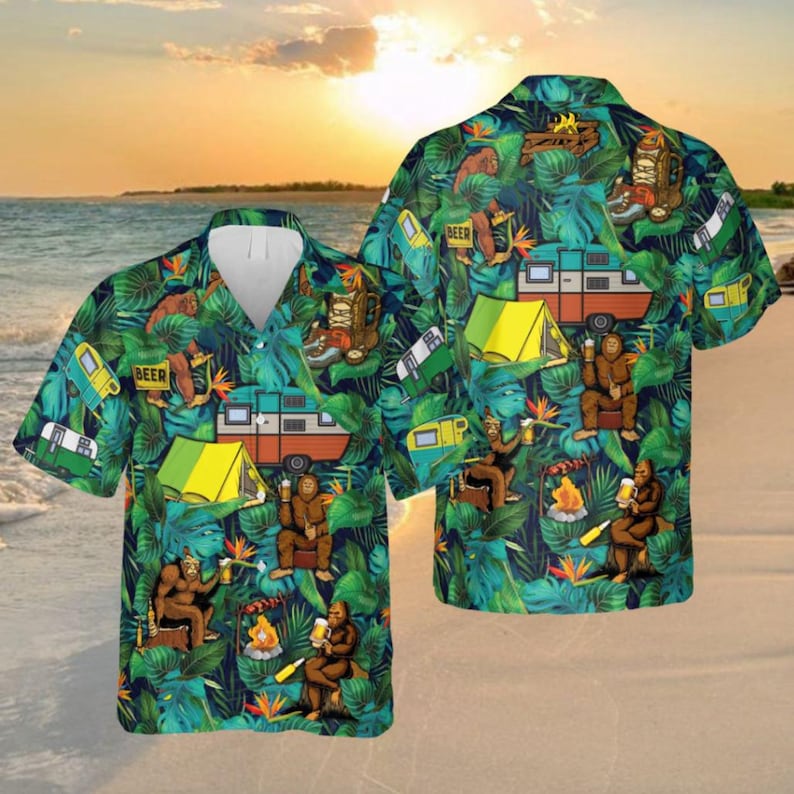Camping Bigfoot Green Hawaiian Shirt