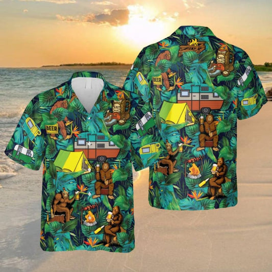 Camping Bigfoot Green Hawaiian Shirt