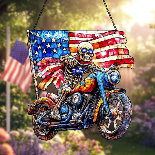 Skeleton Biker Faux Stained Glass Suncatcher