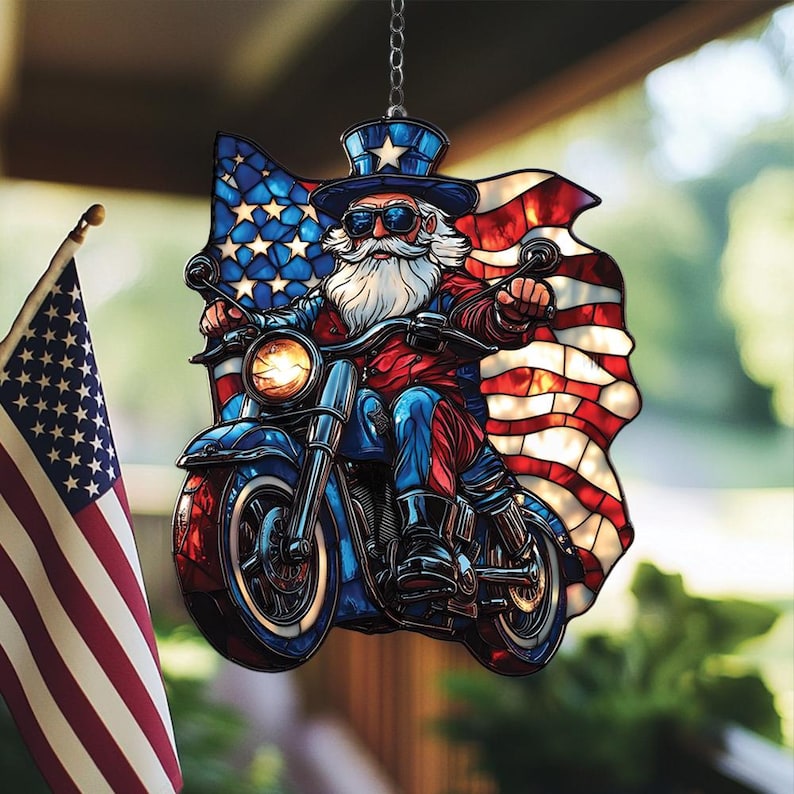 USA Biker Uncle Sam Faux Stained Glass Suncatcher