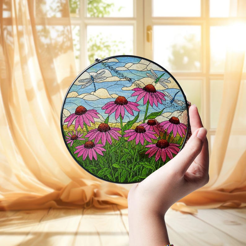 Coneflower and Dragonfly Stained Glass Suncatcher