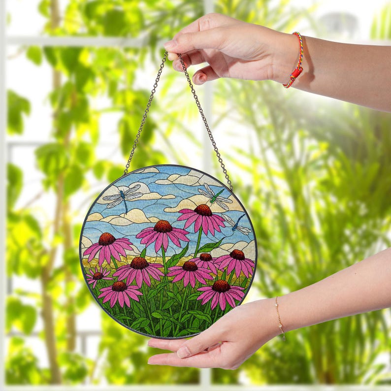 Coneflower and Dragonfly Stained Glass Suncatcher
