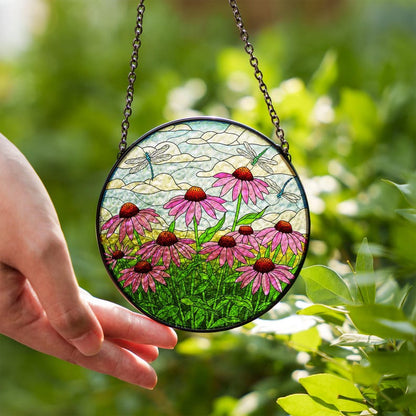 Coneflower and Dragonfly Stained Glass Suncatcher