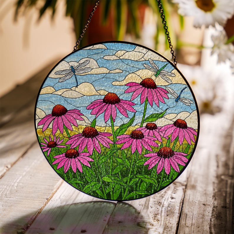 Coneflower and Dragonfly Stained Glass Suncatcher