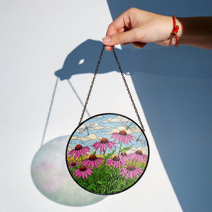 Coneflower and Dragonfly Stained Glass Suncatcher
