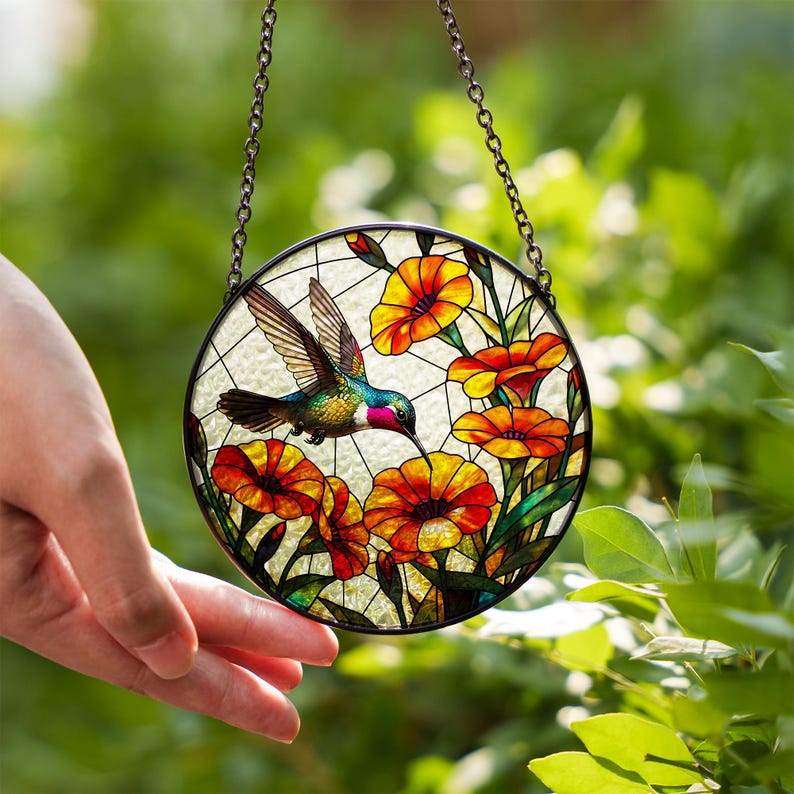 Hummingbird and Trumpet Vine Stained Glass Suncatcher