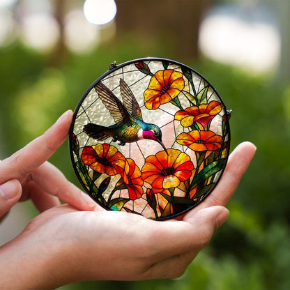 Hummingbird and Trumpet Vine Stained Glass Suncatcher