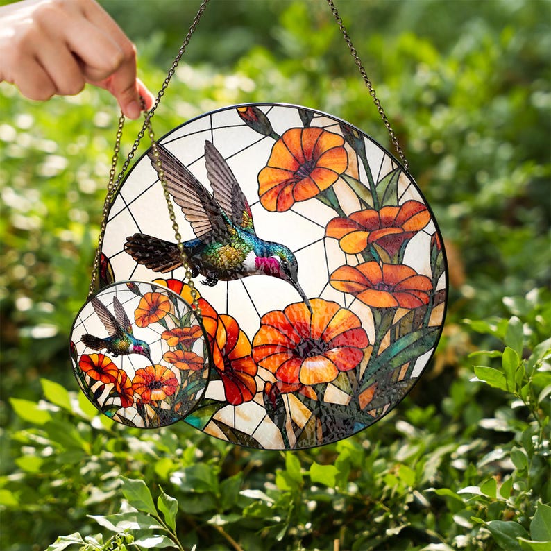 Hummingbird and Trumpet Vine Stained Glass Suncatcher