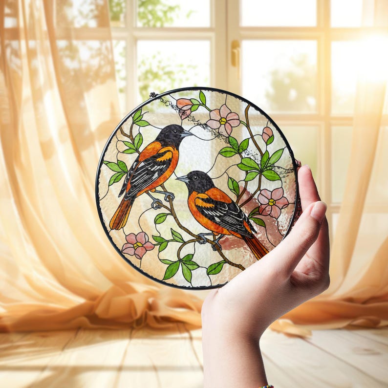 Baltimore Orioles and Trailing Flowering Vines Stained Glass Suncatcher