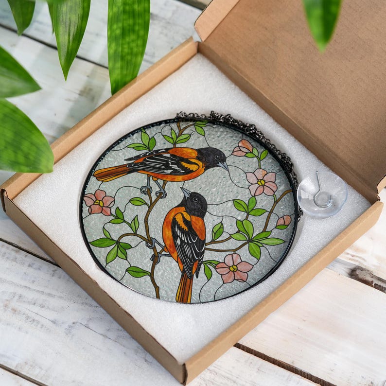 Baltimore Orioles and Trailing Flowering Vines Stained Glass Suncatcher
