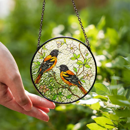 Baltimore Orioles and Trailing Flowering Vines Stained Glass Suncatcher