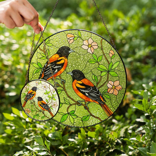 Baltimore Orioles and Trailing Flowering Vines Stained Glass Suncatcher