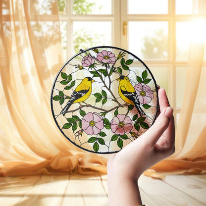 Yellow Finches and Wild Roses Stained Glass Suncatcher