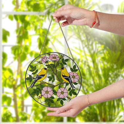 Yellow Finches and Wild Roses Stained Glass Suncatcher