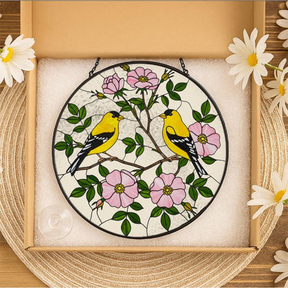 Yellow Finches and Wild Roses Stained Glass Suncatcher