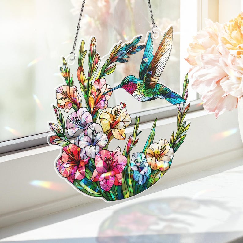 Hummingbird Gladiolus Stained Glass Suncatcher