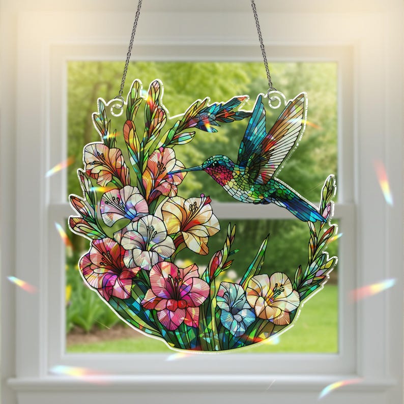 Hummingbird Gladiolus Stained Glass Suncatcher