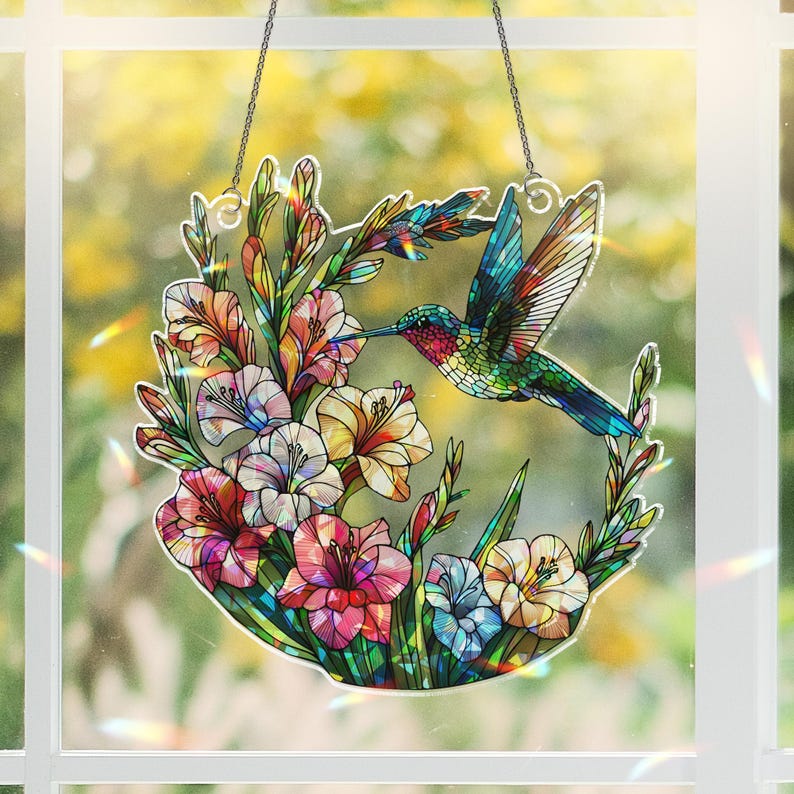 Hummingbird Gladiolus Stained Glass Suncatcher