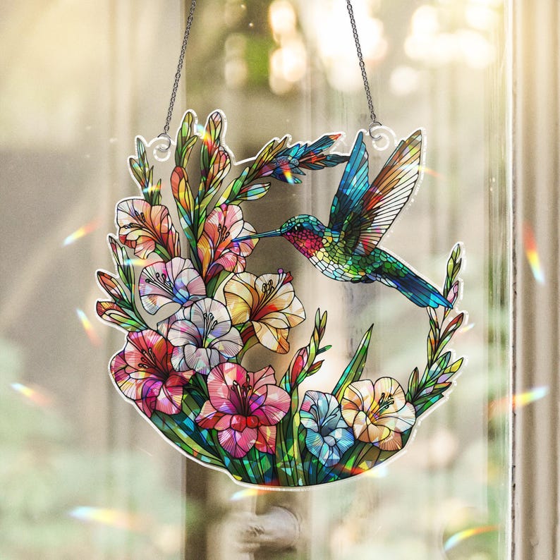 Hummingbird Gladiolus Stained Glass Suncatcher