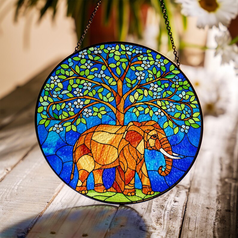 Elephant Tree of Life Stained Glass Suncatcher