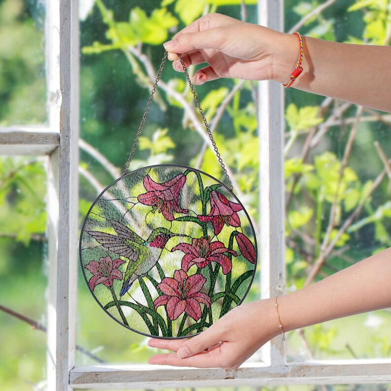Hummingbird and Pink Lily Stained Glass Suncatcher